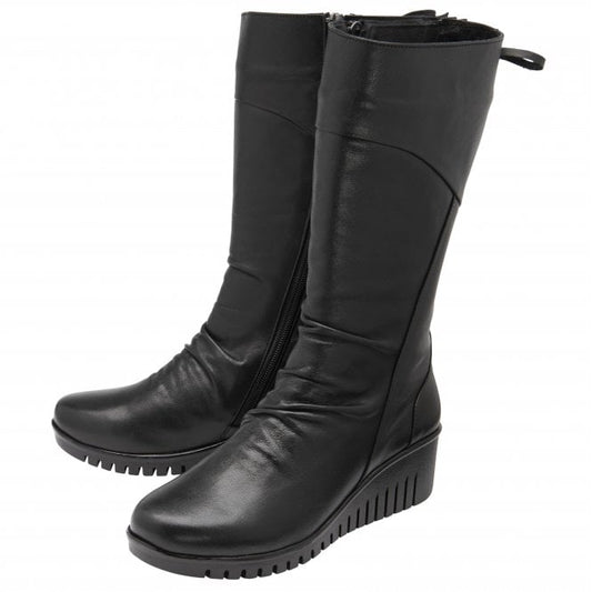 Black Leather Dara Mid-Calf Wedge Boots | Lotus