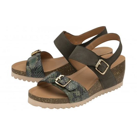 Khaki & Snake-Print Leather Brynlee Open-Toe Wedge Sandals | Lotus