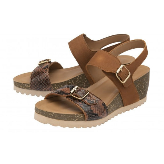 Tan & Snake-Print Leather Brynlee Open-Toe Wedge Sandals | Lotus