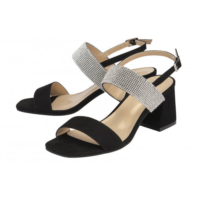  Black & Diamante Elisena Open-Toe Block Heel Sandals | Lotus