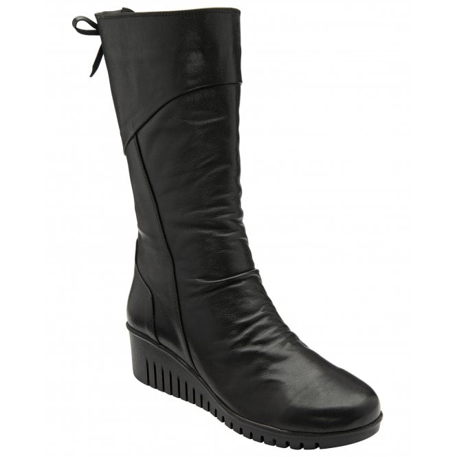  Black Leather Dara Mid-Calf Wedge Boots | Lotus