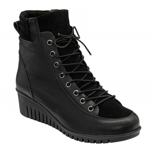  Black Leather & Suede Delphine Wedge Ankle Boots | Lotus 