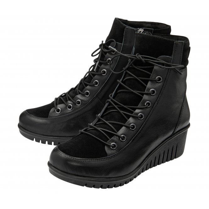  Black Leather & Suede Delphine Wedge Ankle Boots | Lotus 