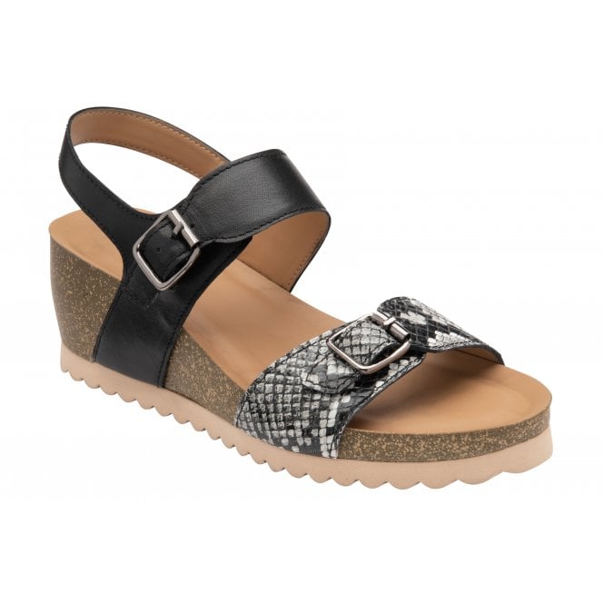  Black & Snake-Print Leather Brynlee Open-Toe Wedge Sandals | Lotus