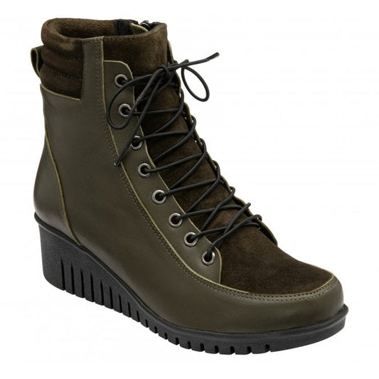  Khaki Leather & Suede Delphine Wedge Ankle Boots | Lotus 