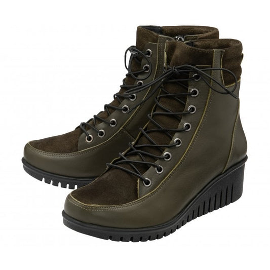  Khaki Leather & Suede Delphine Wedge Ankle Boots | Lotus 