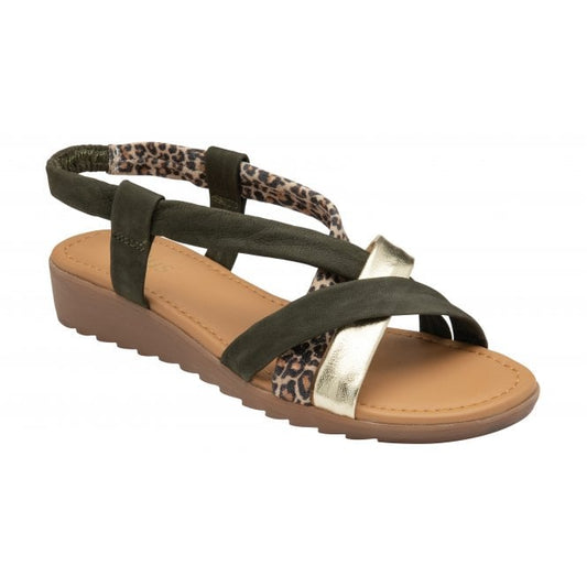  Khaki & Leopard-Print Leather Christa Wedge Sandals | Lotus