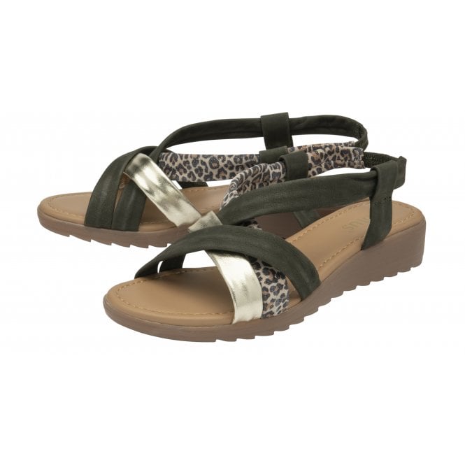  Khaki & Leopard-Print Leather Christa Wedge Sandals | Lotus