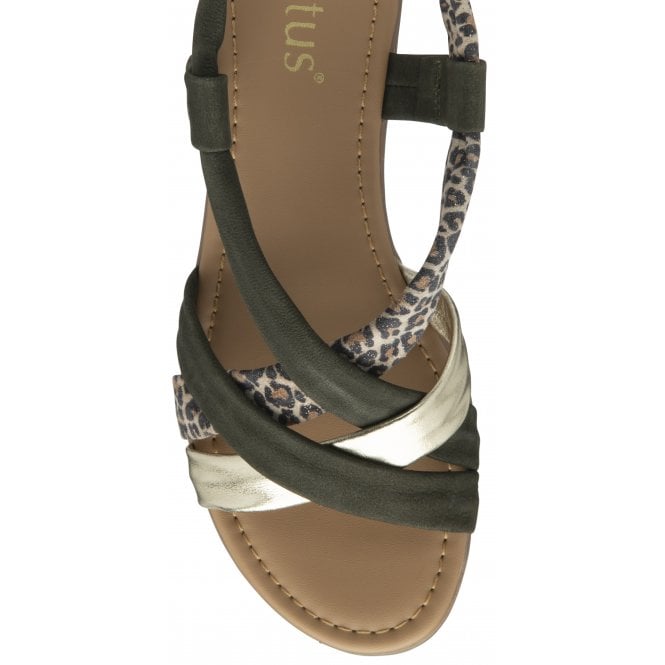  Khaki & Leopard-Print Leather Christa Wedge Sandals | Lotus