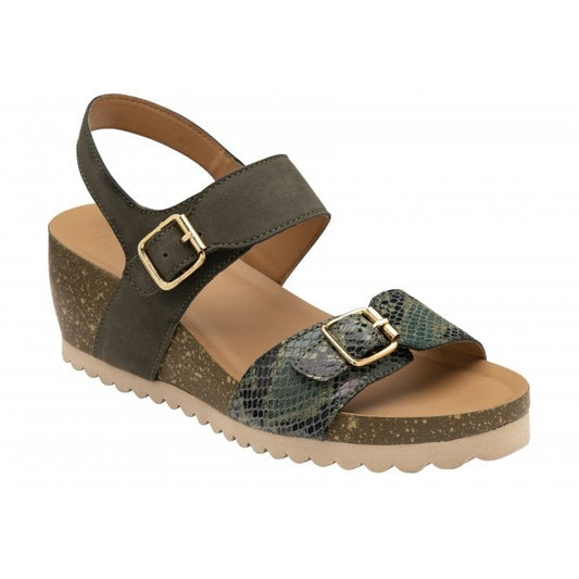  Khaki & Snake-Print Leather Brynlee Open-Toe Wedge Sandals | Lotus