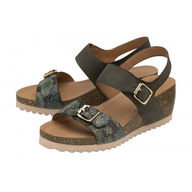  Khaki & Snake-Print Leather Brynlee Open-Toe Wedge Sandals | Lotus