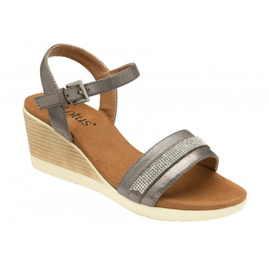  Pewter Mika Open-Toe Wedge Sandals | Lotus