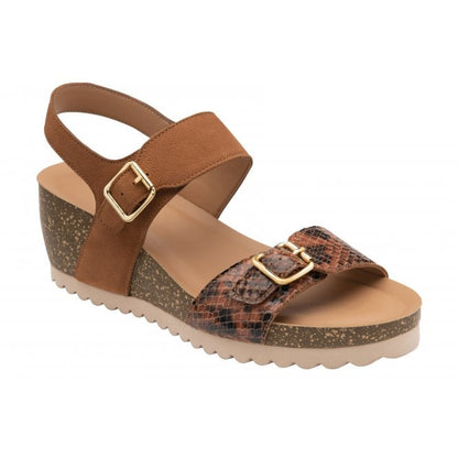  Tan & Snake-Print Leather Brynlee Open-Toe Wedge Sandals | Lotus